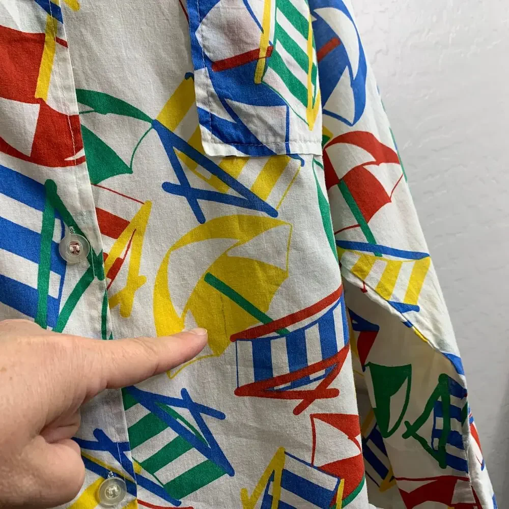 VTG Lesile Fay O/S 80s Swim Cover Up Button Up Shirt Dress Umbrella Beach Chair